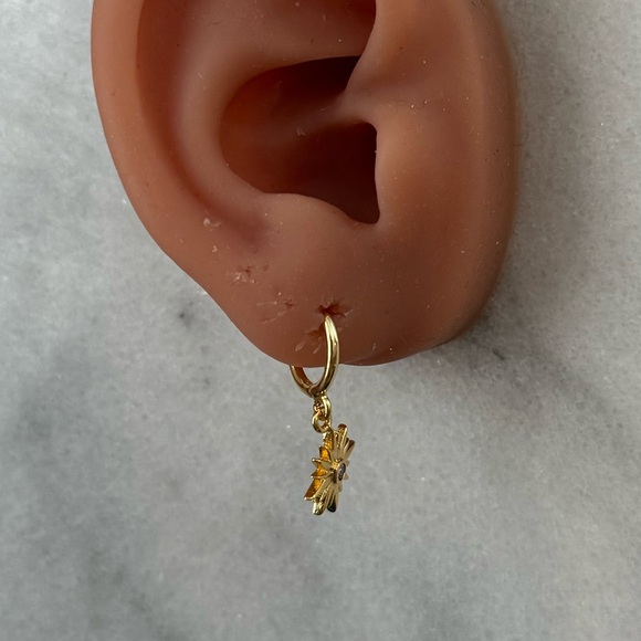 Gold Crystal Sun Burst Charm Dangle Huggie Hoop Earrings - Picture 4 of 4